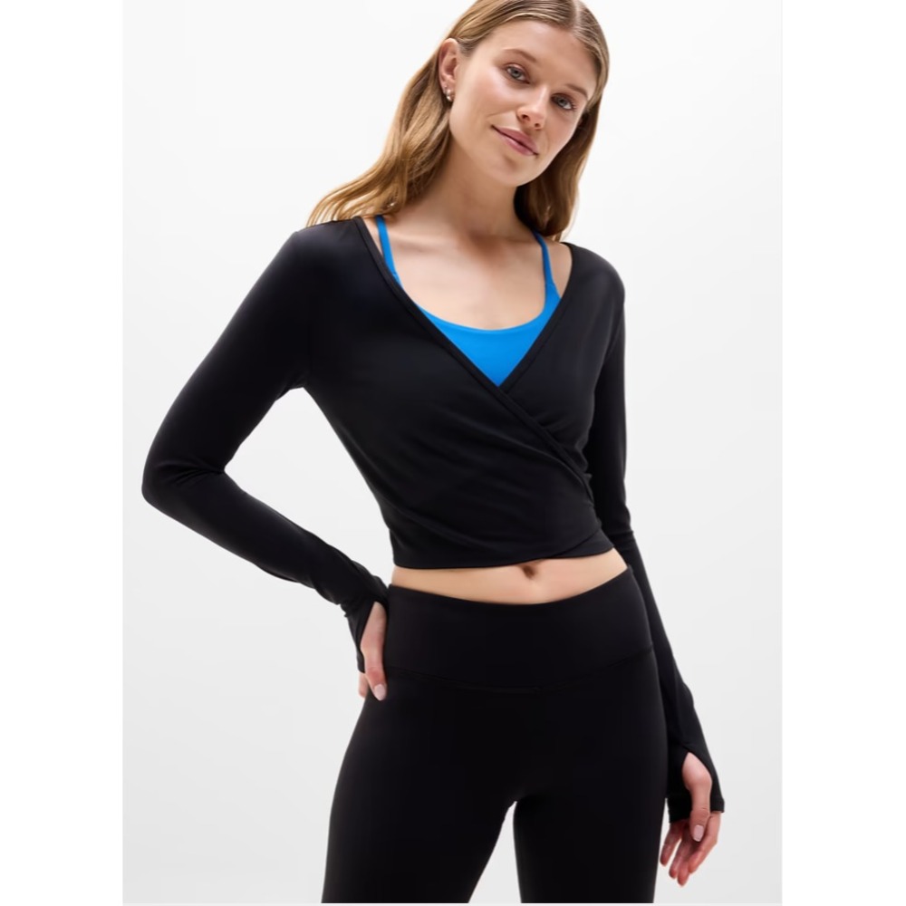 Athleta Transcend Long Sleeve Wrap Top Athletic Yoga Workout Size Large Black